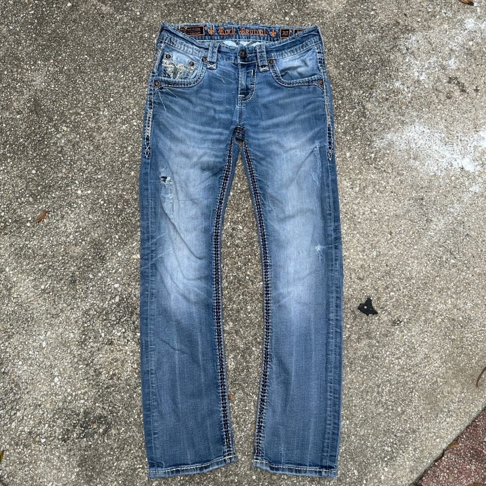 Rock Revival Emmett Slim Straight Jeans Mens 30 Distressed Blue